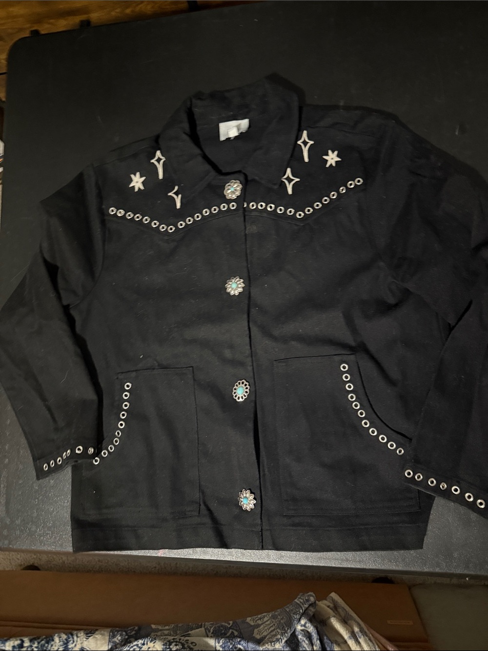 Johnny Was Jade Black Western-Style Studded Jean Jacket